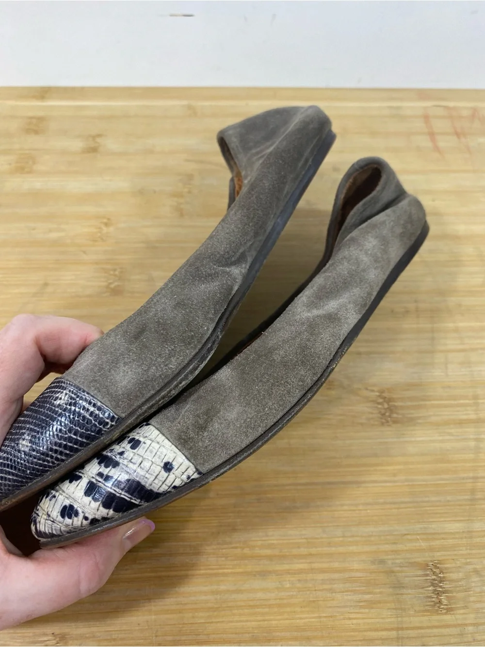 Vintage Lanvin grey Suede Ballet Flats with snakeskin Patterned Toes READ
